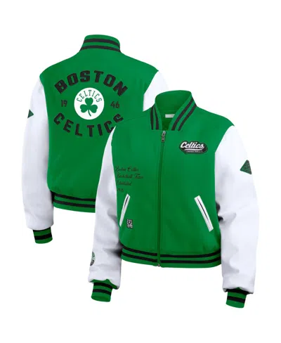 Wear By Erin Andrews Women's Kelly Green/white Boston Celtics Cropped Varsity Full-zip Jacket In Kelly Green,white