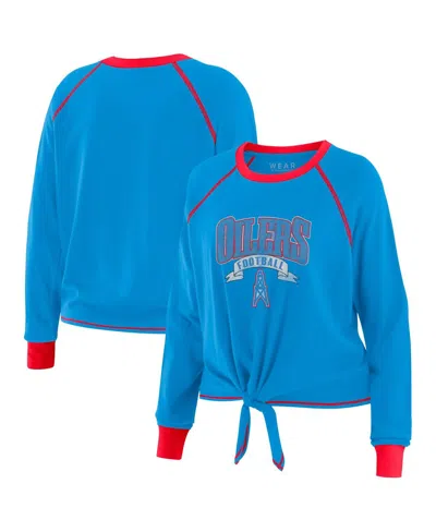 Wear By Erin Andrews Women's Light Blue/red Houston Oilers Tie-front Long Sleeve Top In Light Blue,red