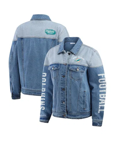 Wear By Erin Andrews Women's Miami Dolphins Full-button Denim Jacket In Blue