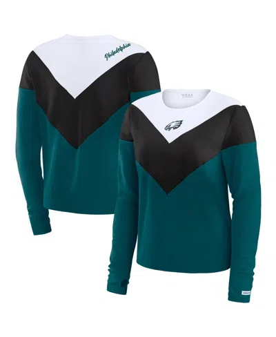 Wear By Erin Andrews Women's Midnight Green/black Philadelphia Eagles Plus Size Chevron Tri-blend Long Sleeve T-shirt In Midnight Green,black
