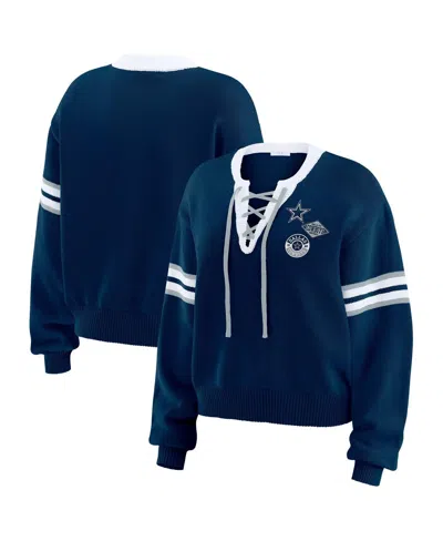 WEAR BY ERIN ANDREWS WOMEN'S NAVY DALLAS COWBOYS LACE-UP PULLOVER SWEATSHIRT