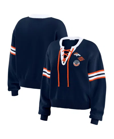 Wear By Erin Andrews Women's Navy Denver Broncos Lace-up Pullover Sweatshirt In Blue