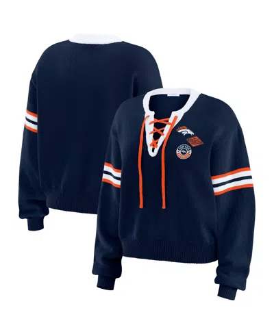 WEAR BY ERIN ANDREWS WOMEN'S NAVY DENVER BRONCOS LACE-UP SWEATER