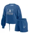 Wear By Erin Andrews Women's Navy Los Angeles Dodgers Washed Fleece Sweatshirt Shorts Lounge Set In Navy
