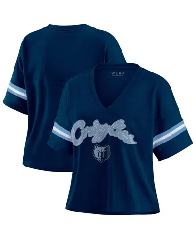 Wear By Erin Andrews Women's Navy Memphis Grizzlies Color Block Boxy V-neck T-shirt In Blue