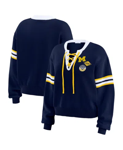 Wear By Erin Andrews Women's Navy Michigan Wolverines Lace-up Pullover Sweater In Animal Print