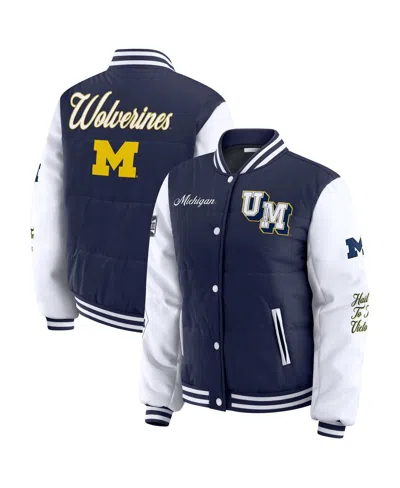 Wear By Erin Andrews Women's Navy Michigan Wolverines Varsity Puffer Jacket In Blue