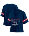Wear By Erin Andrews Women's Navy New England Patriots Color Block Boxy Modest Crop V-neck T-shirt In Blue