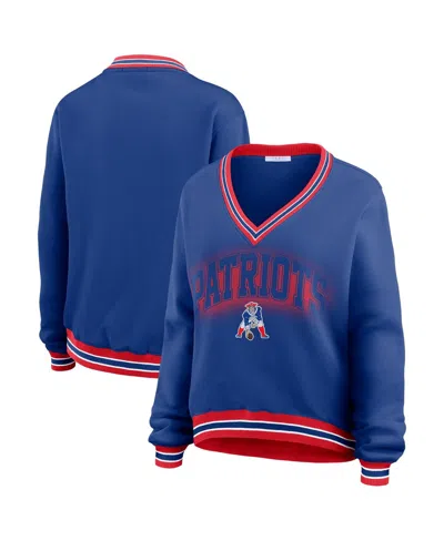 Wear By Erin Andrews Women's Navy New England Patriots Oversized Long Sleeve V-neck Sweatshirt In Blue