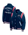 Wear By Erin Andrews Women's Navy New England Patriots Varsity Lightweight Full-snap Jacket In Animal Print
