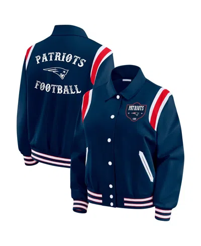 Wear By Erin Andrews Women's Navy New England Patriots Varsity Lightweight Full-snap Jacket In Animal Print