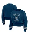 Wear By Erin Andrews Women's Navy New York Yankees Vintage Washed Cropped Pullover Sweatshirt In Navy