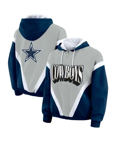 WEAR BY ERIN ANDREWS WOMEN'S NAVY/GRAY DALLAS COWBOYS PLUS SIZE RETRO CRINKLE FULL-ZIP WINDBREAKER JACKET