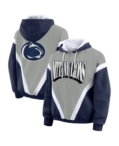 Wear By Erin Andrews Women's Navy/gray Penn State Nittany Lions Color Block Full-zip Hoodie Windbreaker Jacket In Blue