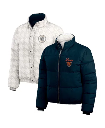Wear By Erin Andrews Women's Navy/white Chicago Bears Reversible Cropped Full-zip Puffer Jacket In Blue