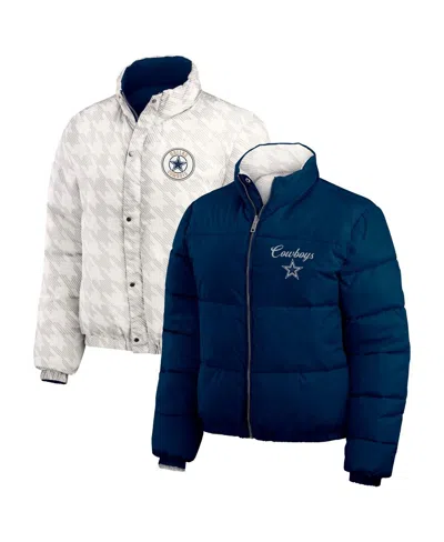 Wear By Erin Andrews Women's Navy/white Dallas Cowboys Reversible Cropped Full-zip Puffer Jacket In Navy,white