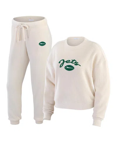 Wear By Erin Andrews Women's Oatmeal New York Jets Rib-knit Long Sleeve T-shirt Pants Lounge Set In Neutral