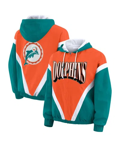 Wear By Erin Andrews Women's Orange/aqua Miami Dolphins Retro Crinkle Full-zip Hoodie Windbreaker Jacket In Multi