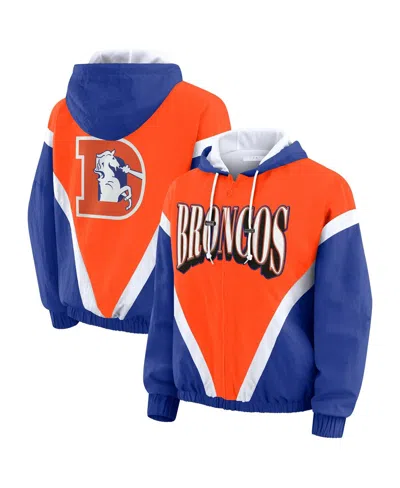 Wear By Erin Andrews Women's Orange/royal Denver Broncos Retro Crinkle Full-zip Hoodie Windbreaker Jacket In Multi