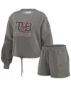 Wear By Erin Andrews Women's Pewter Tampa Bay Buccaneers Washed Fleece Long Sleeve T-shirt Shorts Lounge Set In Pewter