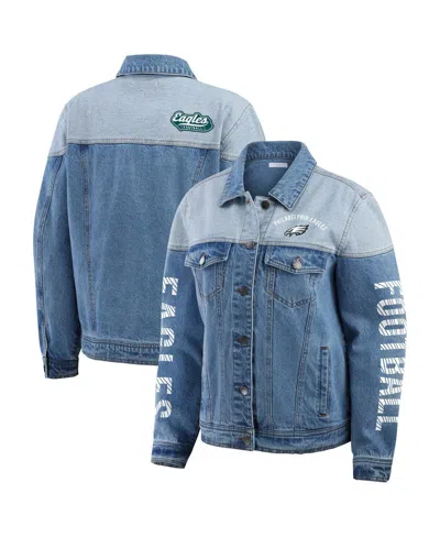 Wear By Erin Andrews Women's Philadelphia Eagles Full-button Denim Jacket In Blue