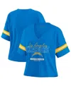 Wear By Erin Andrews Women's Powder Blue Los Angeles Chargers Color Block Boxy Modest Crop V-neck T-shirt In Powder Blue