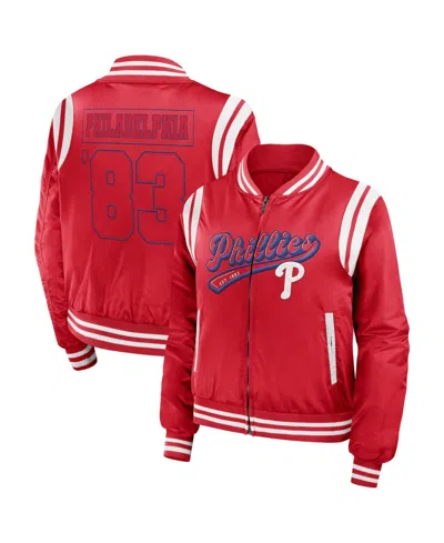 Wear By Erin Andrews Women's Red Philadelphia Phillies Football Bomber Jacket In Burgundy