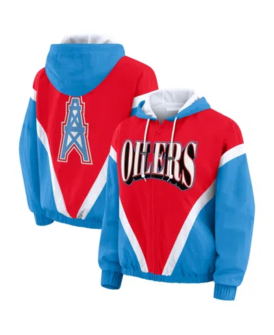 Wear By Erin Andrews Women's Red/light Blue Tennessee Titans Retro Crinkle Full-zip Hoodie Windbreaker