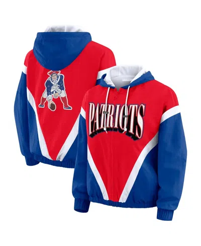 Wear By Erin Andrews Women's Red/navy New England Patriots Retro Crinkle Full-zip Hoodie Windbreaker Jacket In Multi