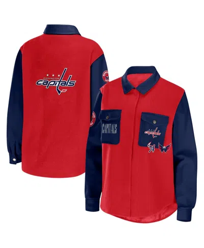 Wear By Erin Andrews Women's Red/navy Washington Capitals Color Block Button-up Shirt Jacket In Multi