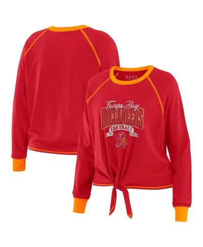 WEAR BY ERIN ANDREWS WOMEN'S RED/ORANGE TAMPA BAY BUCCANEERS PLUS SIZE TIE-FRONT LONG SLEEVE TOP