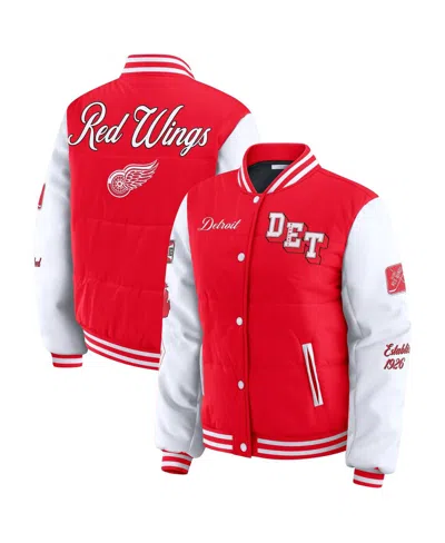 Wear By Erin Andrews Women's Red/white Detroit Red Wings Varsity Full-snap Puffer Jacket In Multi