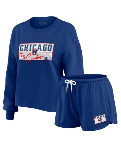Wear By Erin Andrews Women's Royal Chicago Cubs Heavy Rugby Jersey Cropped Long Sleeve T-shirt And Shorts Lounge Set In Blue