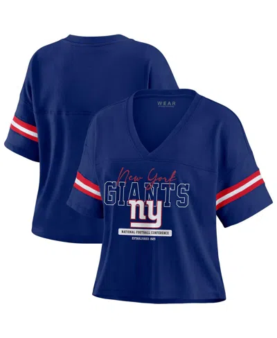 Wear By Erin Andrews Women's Royal New York Giants Color Block Boxy Modest Crop V-neck T-shirt