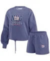 Wear By Erin Andrews Women's Royal New York Giants Washed Fleece Long Sleeve T-shirt Shorts Lounge Set In Royal