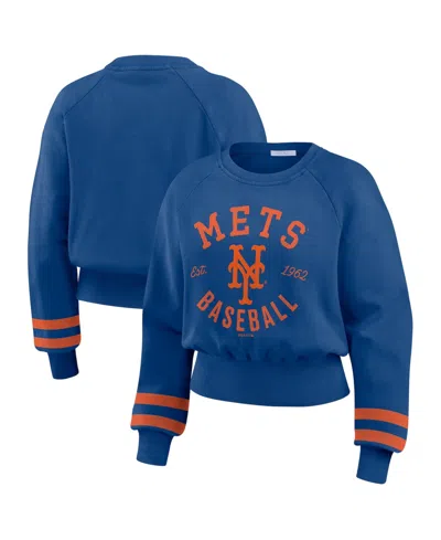 Wear By Erin Andrews Women's Royal New York Mets Vintage Washed Cropped Pullover Sweatshirt In Blue