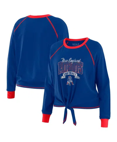WEAR BY ERIN ANDREWS WOMEN'S ROYAL/RED NEW ENGLAND PATRIOTS TIE-FRONT LONG SLEEVE TOP