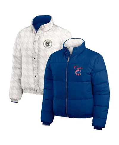 Wear By Erin Andrews Women's Royal/white Chicago Cubs Reversible Cropped Full-zip Puffer Jacket In Royal,white