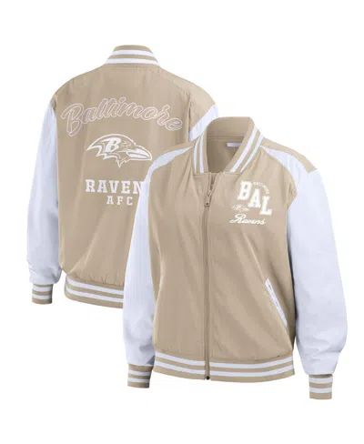 Wear By Erin Andrews Women's Tan Baltimore Ravens Tonal Full-zip Bomber Jacket In Tan,white