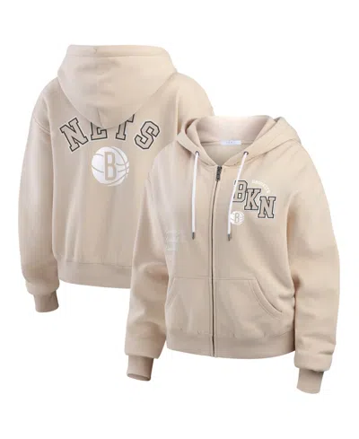 Wear By Erin Andrews Women's Tan Brooklyn Nets Tonal Felt Patch Full-zip Hoodie In Brown
