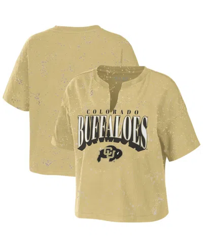 Wear By Erin Andrews Women's Tan Colorado Buffaloes Bleach Wash Splatter Cropped Notch Neck T-shirt In Brown