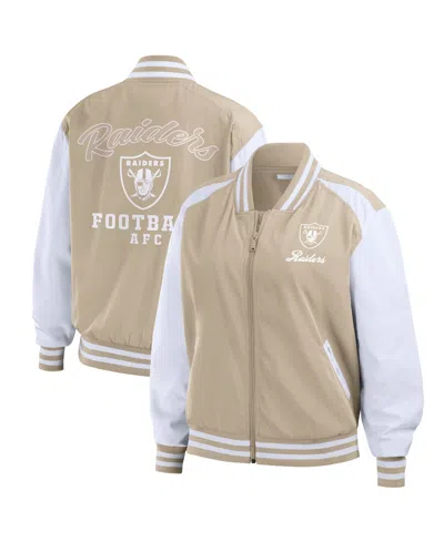 Wear By Erin Andrews Women's Tan Las Vegas Raiders Tonal Full-zip Bomber Jacket In Multi