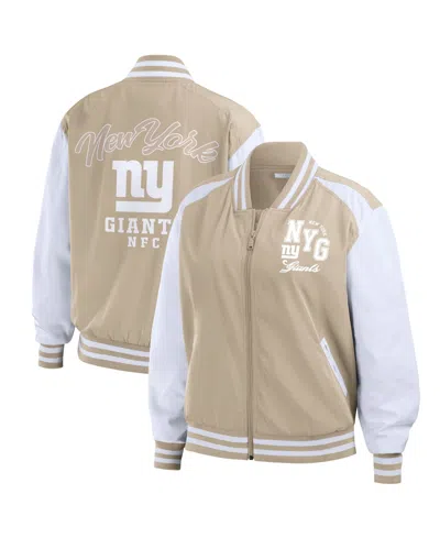 Wear By Erin Andrews Women's Tan New York Giants Tonal Full-zip Bomber Jacket In Multi