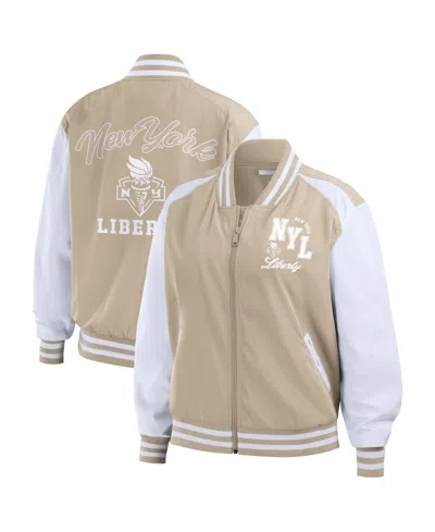 Wear By Erin Andrews Women's Tan New York Liberty Tonal Full-zip Bomber Jacket In Multi