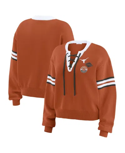 Wear By Erin Andrews Women's Texas Orange Texas Longhorns Lace-up Pullover Sweater In Brown