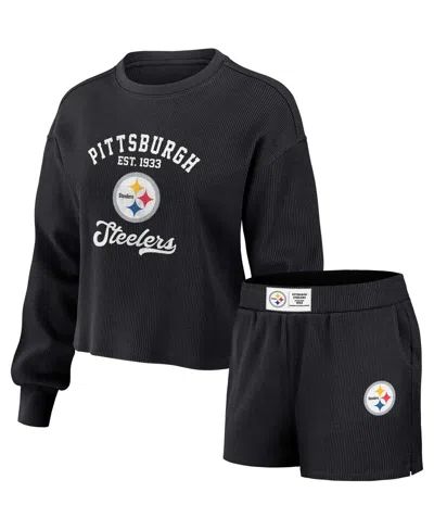 Wear By Erin Andrews Women's  Black Distressed Pittsburgh Steelers Waffle Knit Long Sleeve T-shirt An