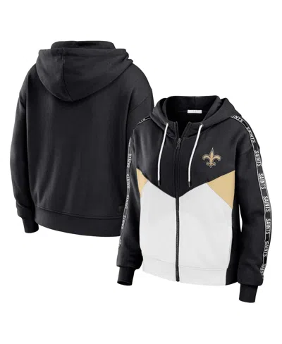 Wear By Erin Andrews Black/white New Orleans Saints Color Block Light Weight Modest Crop Full-zip Ho In Black,white