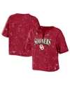 Wear By Erin Andrews Women's  Crimson Oklahoma Sooners Bleach Wash Splatter Cropped Notch Neck T-shir In Crimson