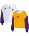 Wear By Erin Andrews Women's  Heather Gold Los Angeles Lakers Mixed Letter Cropped Pullover Sweatshir In Heather Gold