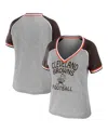 WEAR BY ERIN ANDREWS WOMEN'S WEAR BY ERIN ANDREWS HEATHER GRAY DISTRESSED CLEVELAND BROWNS CROPPED RAGLAN THROWBACK V-NEC